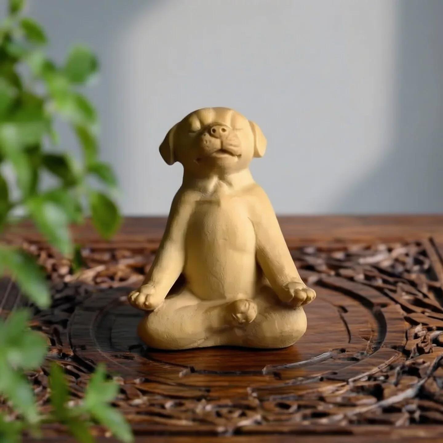 Natural hawthorn wood Yoga Dog Creative home pet dog solid wood Cute Chinese Wood Carving Wood Statue Wood Figurine Wood Sculpture Wood Hand