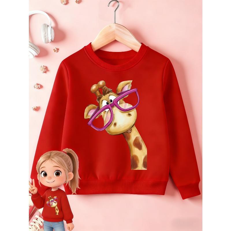 Kids Sweatshirt, Crew Neck Sweatshirt with Cute Giraffe Cartoon Print and Purple Glasses Design, Playful and Adorable for Daily Wear 110 красный