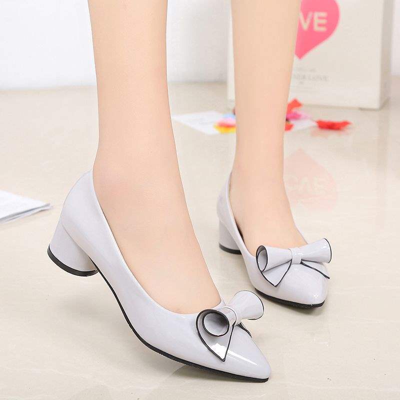 

Spring and Autumn single shoes pointed 4cm thick heel medium heel low heel flower roll bow work high heels women s leather shoes 40 серый