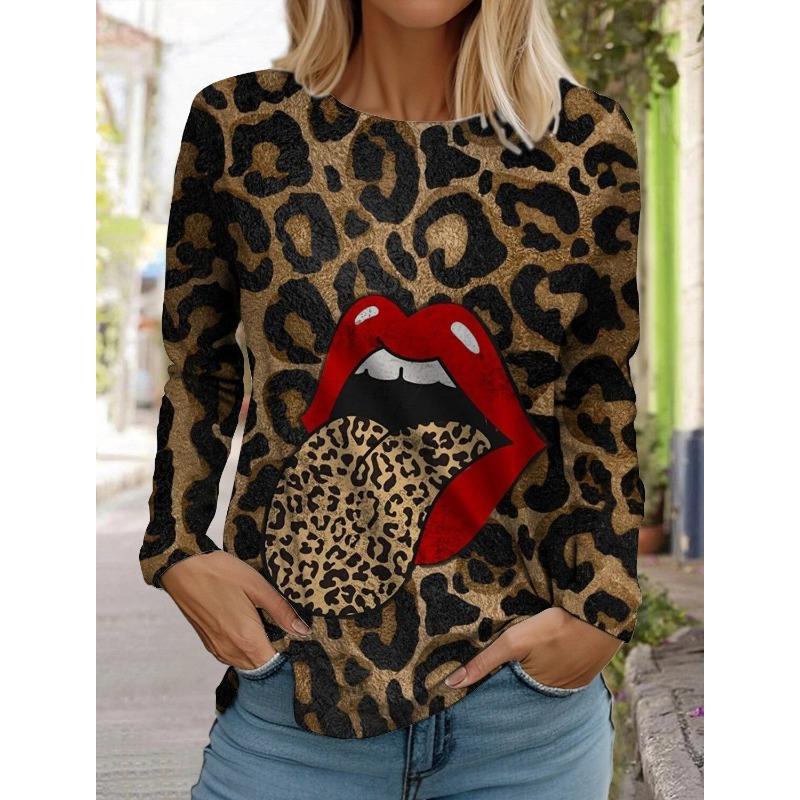 Autumn Long Sleeves T Shirt Lip Print Women's T-shirts Fashion Casual Tops Daily Loose Crew Neck Women Clothing