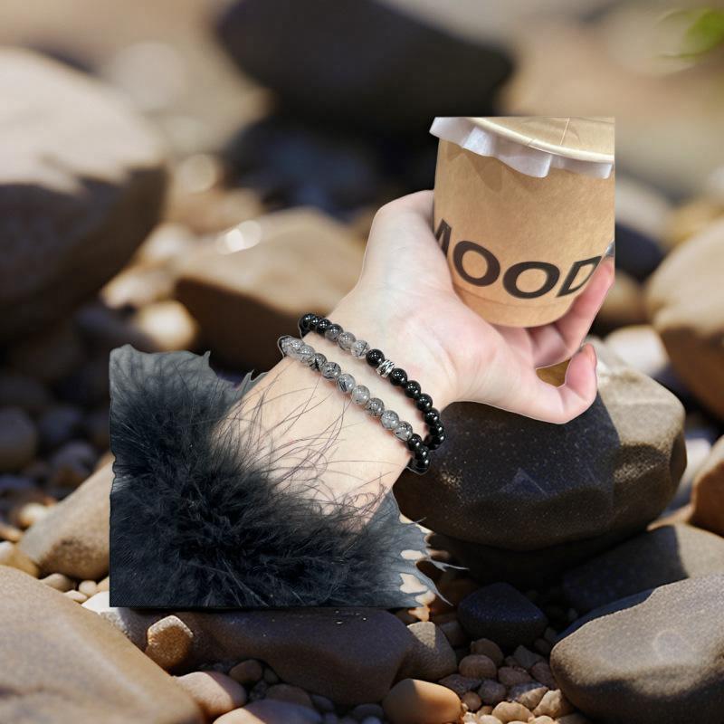 Small Bead Double-Layer Bracelet, Black Series Bracelet, Natural Black Obsidian and Black Rutilated Quartz Bracelet, Gift for Women, Men, and Couples