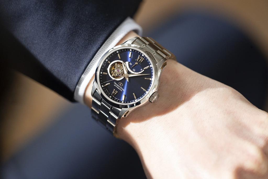 Orient Star Automatic Made in with Open Navy RK-AT0002L Men's Watch, Semi-Skeleton, Mechanical, Japan, 2-Year Manufacturer's Warranty, Heart,