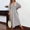 Women's Deep V Neck Short Sleeve Maxi Dress Loose Fit Striped Casual Vacation Long Dress