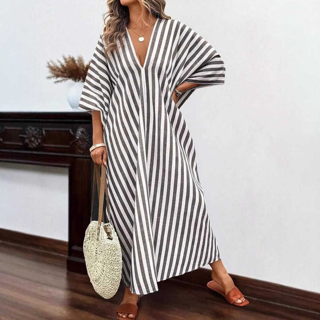 Women's Deep V Neck Short Sleeve Maxi Dress Loose Fit Striped Casual Vacation Long Dress