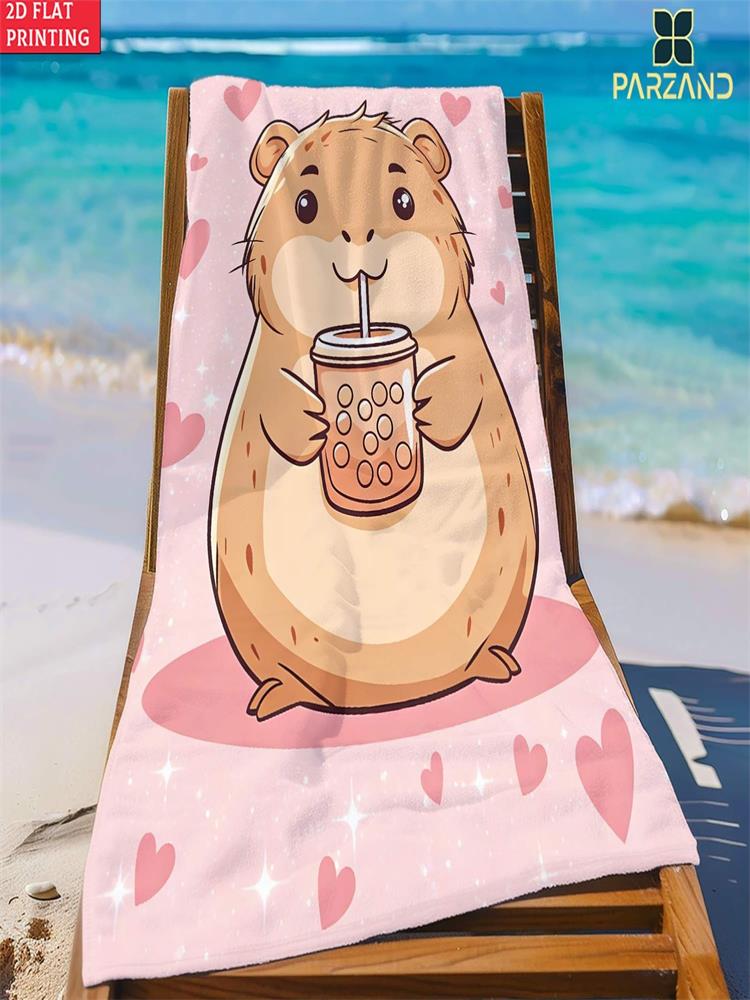 1Pc Adorable Capybara Holding Tea Towel Pink Heart Ins Style Quick Dry Beach Towel For Swimming At The Beach Large Bath Towel