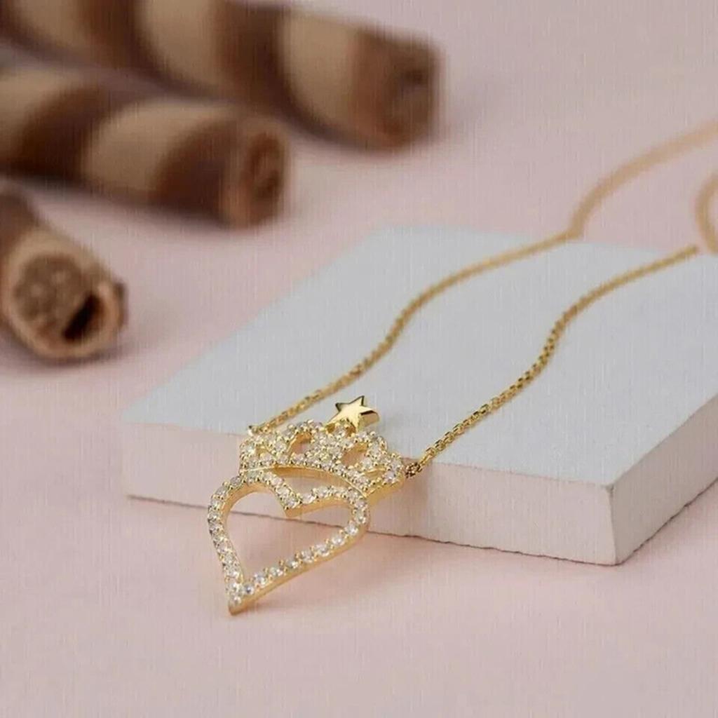 Paved Zircon Crown and Heart Necklace for Women