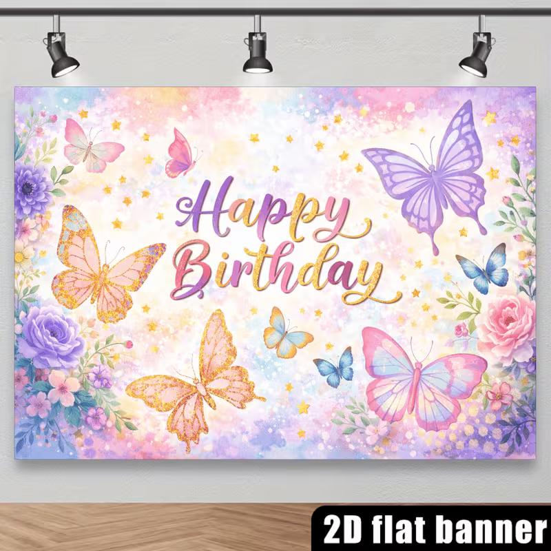 2D verspielter Schmetterlings-Geburtstags-Hintergrund mit Blumen und Sternen Foto-Booth-Banner