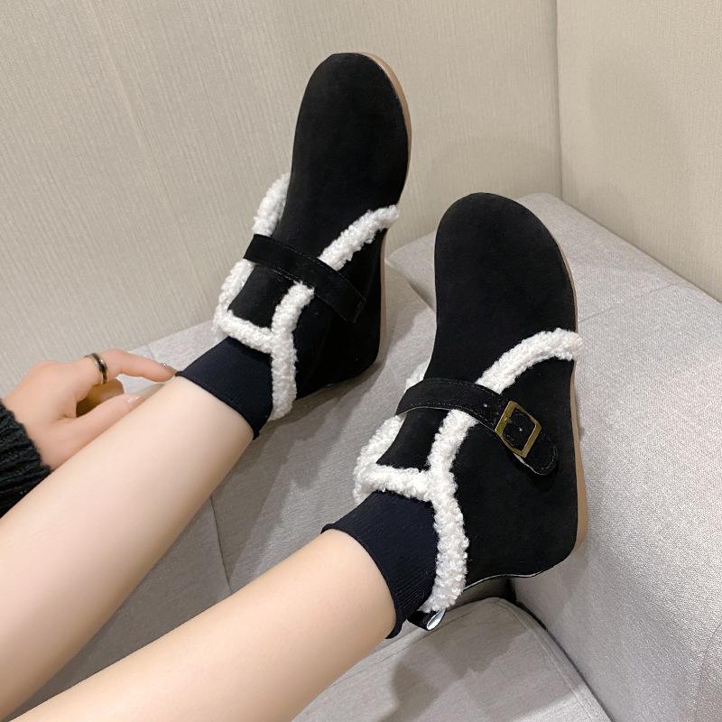 Fashion Winter Ankle Cotton Shoes Women's Casual Short Boots Fleece Warm Snow Boots Fluffy Shoes Flat Bottom Belt Buckle Lapolaka 2025