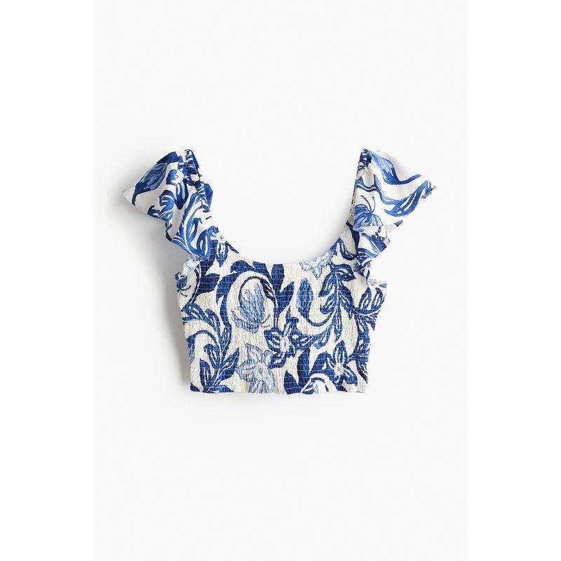 

HM Women s T-shirt Autumn Soft Graceful and Fashionable Casual Cotton Woven Silm Pleated Short Top 1226531 White/Blue Florals 155/80