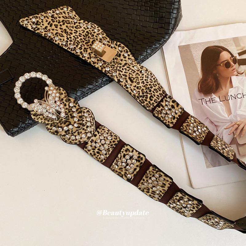 Mei Mary Super Sparkly Diamond-studded Leopard Print Leather Butterfly Patchwork Waist Chain - Vintage Ethnic Style Belt