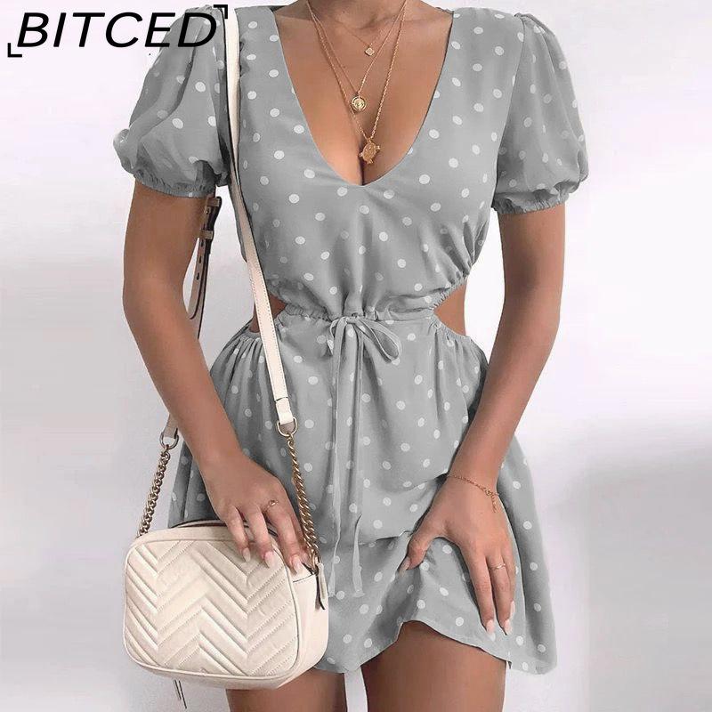 

BITCED Женское мягкое платье для свидания в горошек с открытой талией XXXL серый