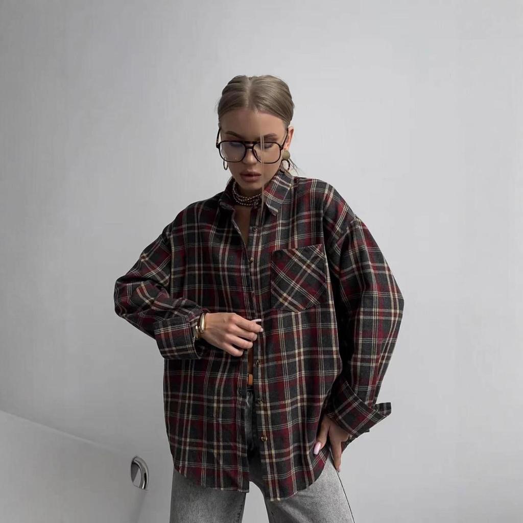 2026 Retro Plaid Women's Loose Long Sleeve Shirt with Turn-down Collar