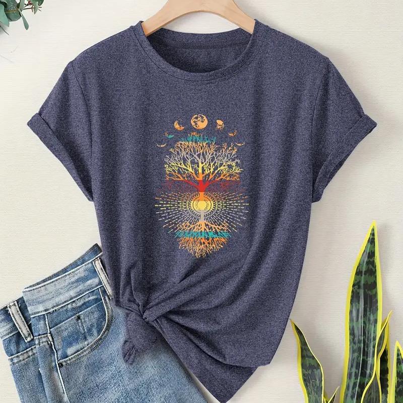 Women Summer T Shirt Retro Fashion Short Sleeve Tees Casual Big Tree Printed  Tops
