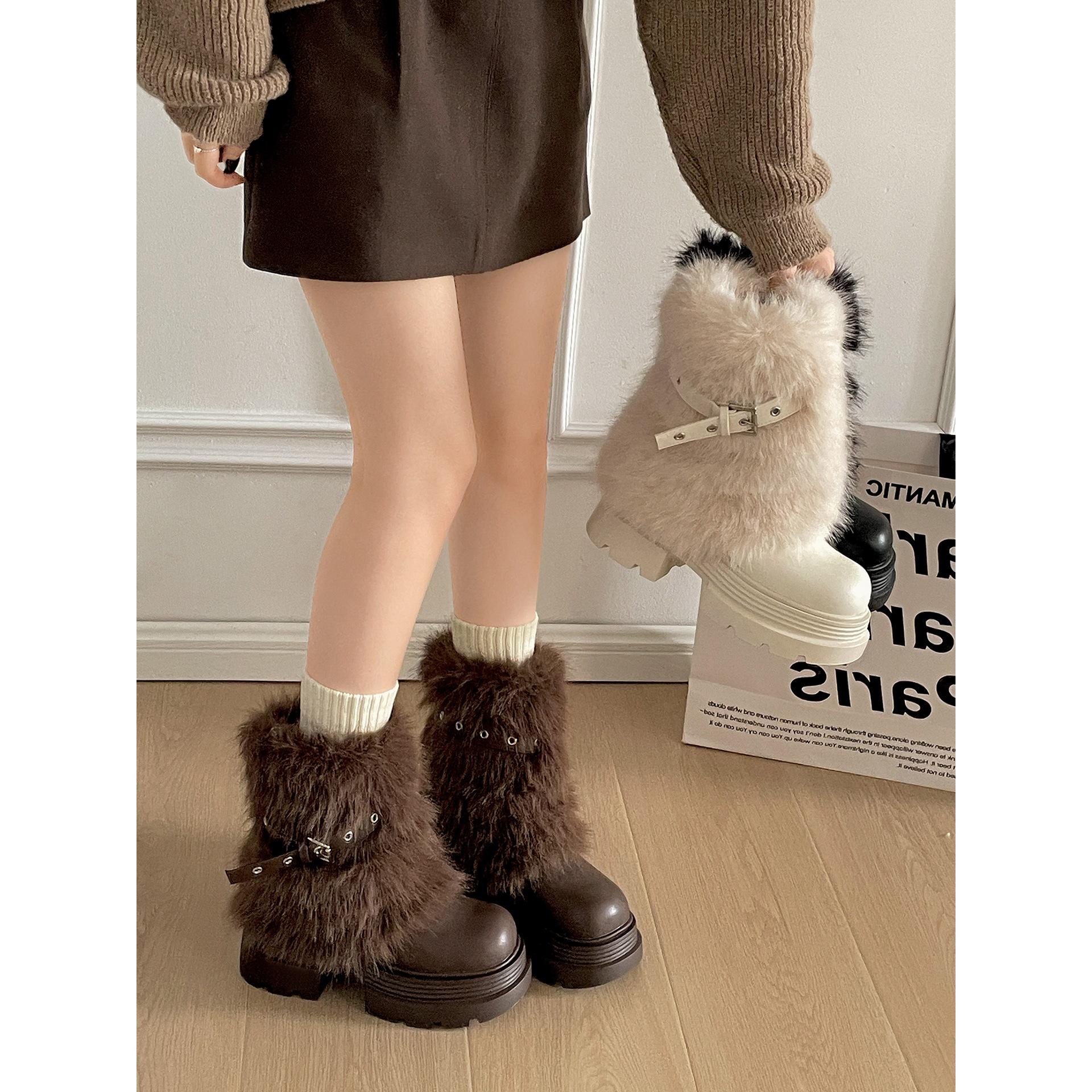 White thick-soled velvet snow boots women s winter warm wear non-slip fluffy cotton shoes 35