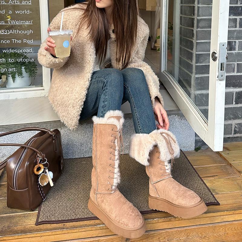 Two ways to wear sheepskin integrated snow boots 2025 autumn and winter new lace-up medium tube cotton boots women's leather flat boots