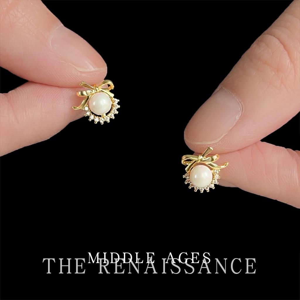 French Micro-set Zircon Bow Pearl Stud Earrings Commuter Versatile Earrings