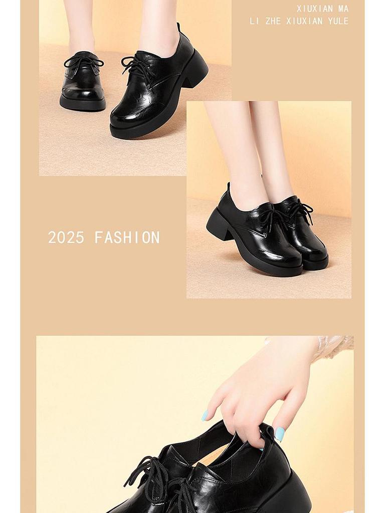 Neue Damen Echtleder Chunky Heel Schnür-Loafer - Britischer Stil, Runde Zehenpartie, Weiche Sohle, Rutschfest, Vielseitig für Frühling/Herbst