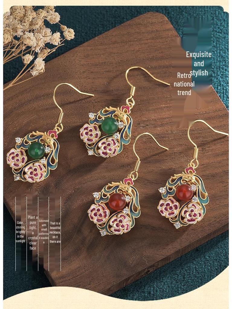 Guochao Cloisonné Enamel Chalcedony Stud Earrings for Women - Jingtai Blue Chinese Style Dangle with Cheongsam Influence