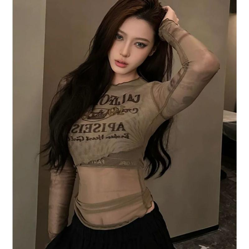 Retro síťované tričko s potiskem písmen pro ženy, sexy trička s dlouhým rukávem, topy, dívčí Y2K trička