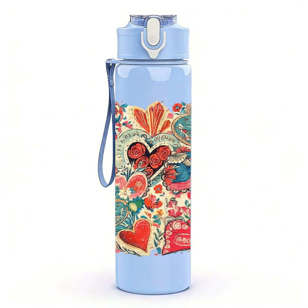 1PC Heart Floral Patchwork Quilt Print 750ml Color Plastic Sports Water Bottle Leakproof Flip Straw Lid Suitable for Sports Office Home Use