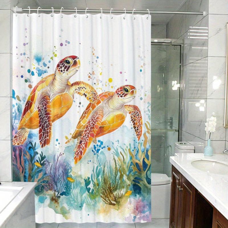 Golden turtle themed shower curtain, waterproof, with hooks, artistic graphic design, suitable for home, kitchen, hotel