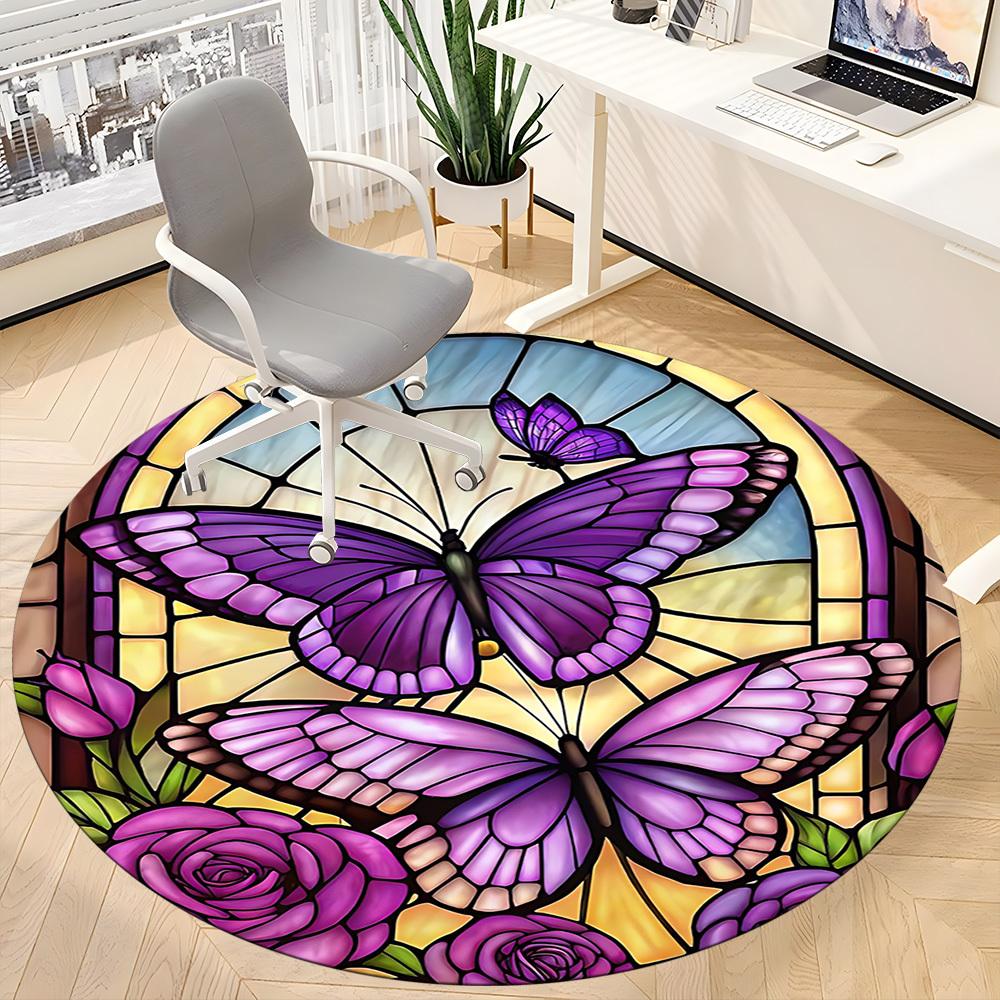 1pc Butterfly StainedGlass Office Round Area Rug, Under Office Chairs Bedroom Living Room Home Decor, Room Deco