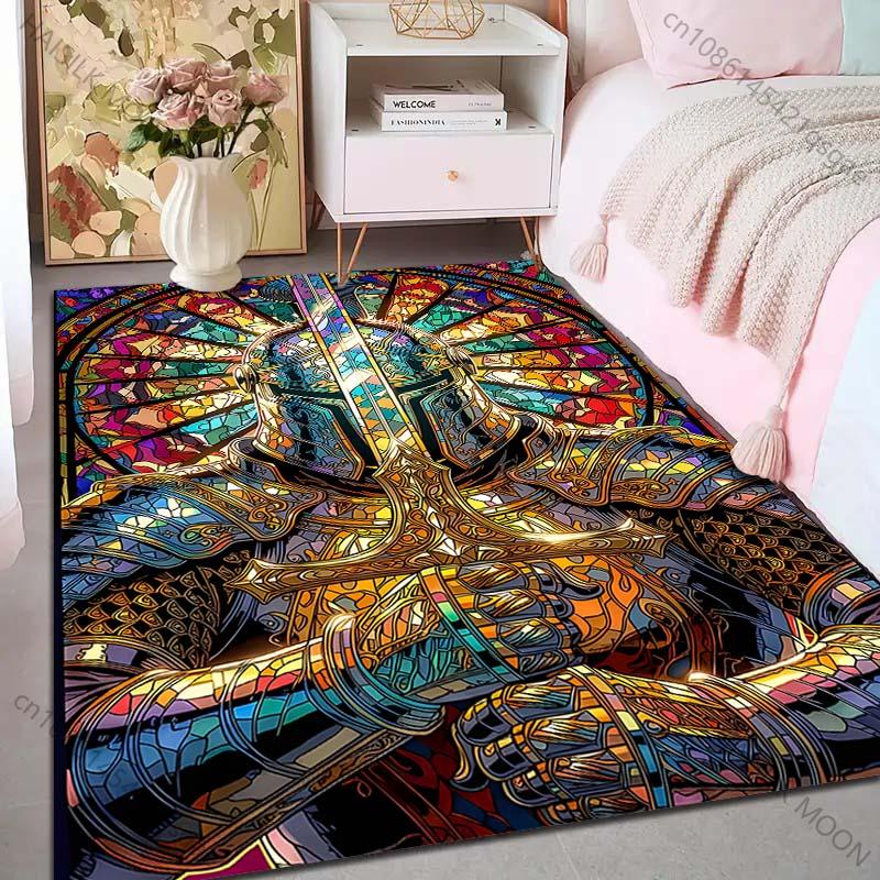 1PC Stained glass knight sword Print Carpet Rug for Living Room Bedroom Sofa Doormat Home Decor Non-slip Floor Mat