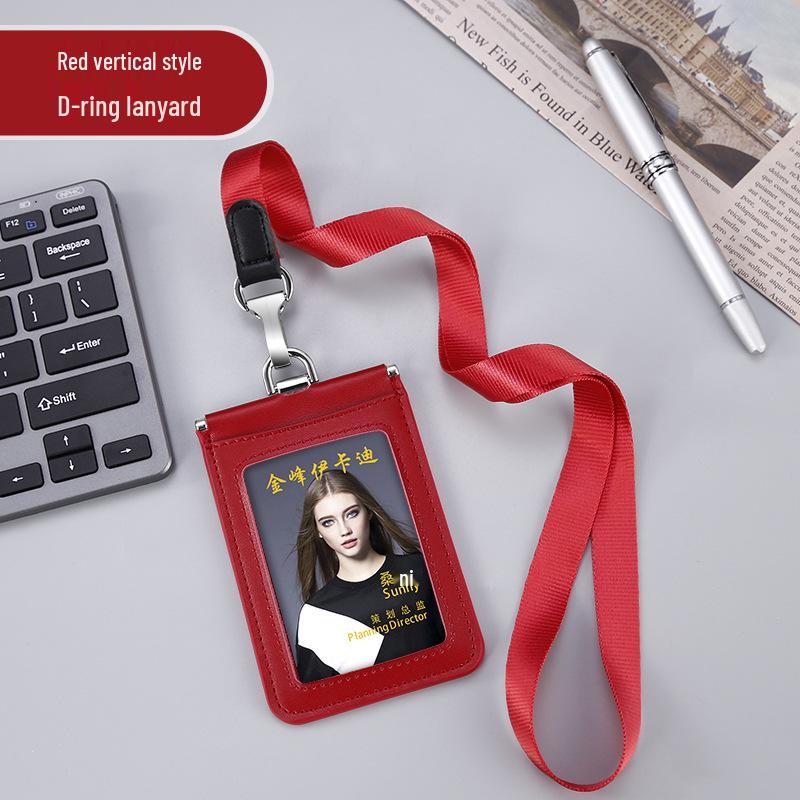 Genuine Leather ID Card Holder with Double Slots & Lanyard - Anti-Interference for Work or Campus Use