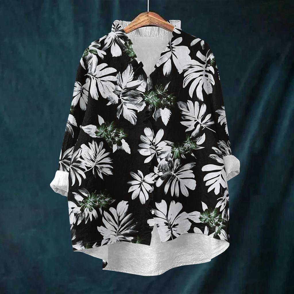 Women's Loose Ruffled Retro Floral Print Stand Collar Long Sleeve Cotton And Linen Top