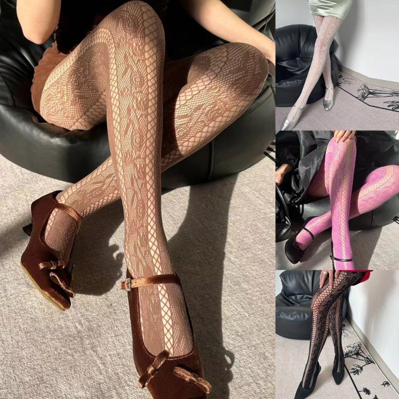 Women French Style Vintage Fishnet Pantyhose Rose Jacquard Patterned Sheer Mesh Tights Side Hollow Out Striped Stockings