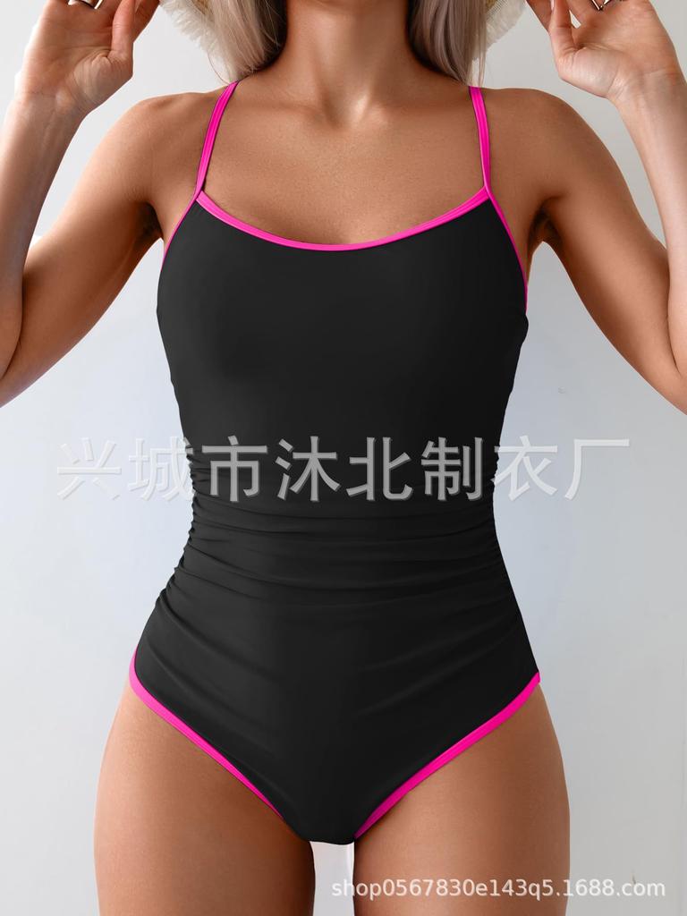 New women's one-piece swimsuit women's belly slim swimsuit solid color double-parcel thin shoulder strap swimsuit