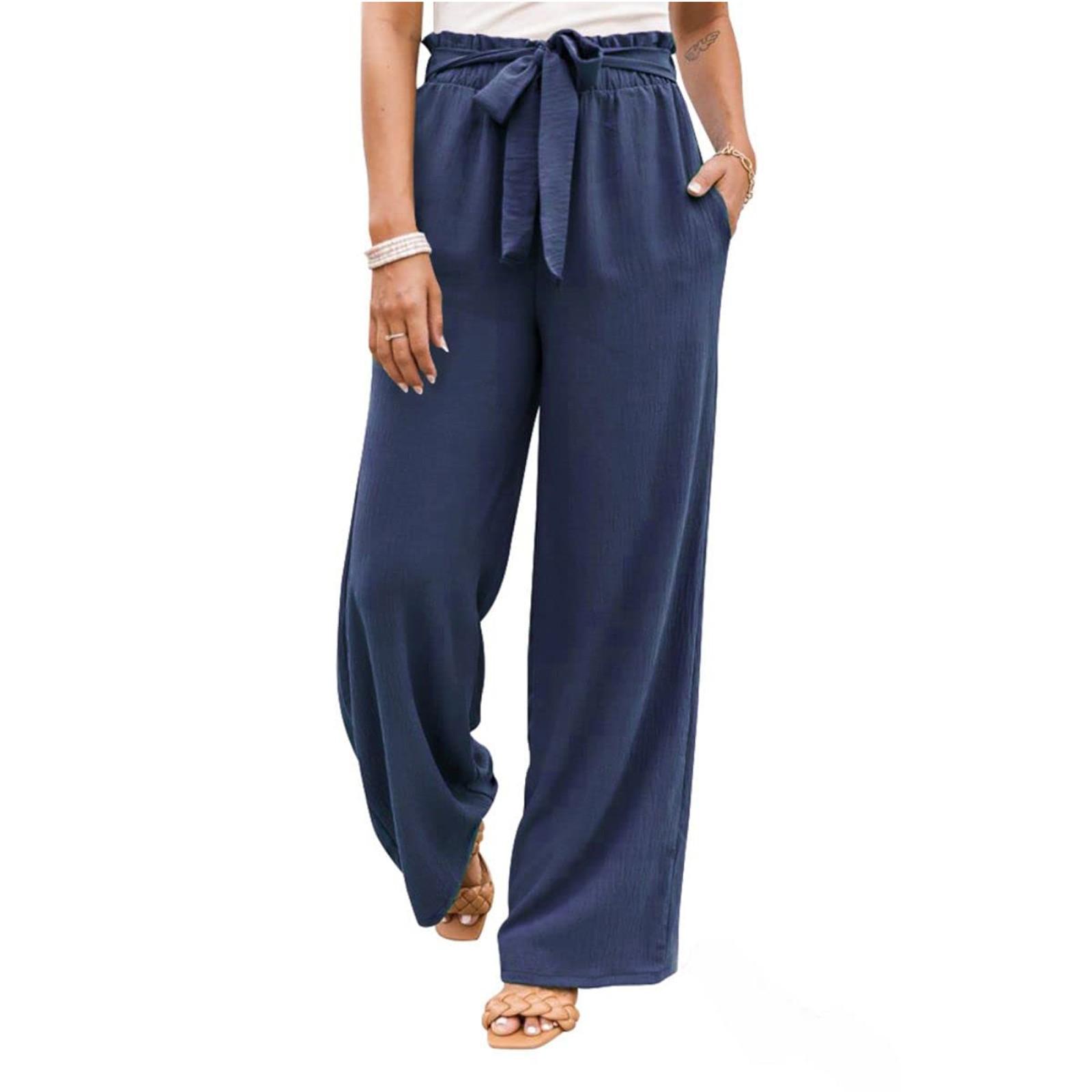 

Fashion Women Colours Straight Leg Cotton Linen Drawstring Loose Wide Leg Trousers XXL синій