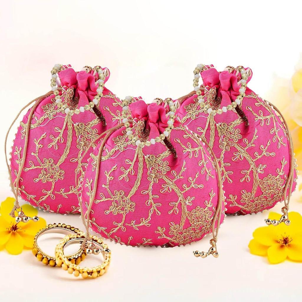 Pack of 3 Potli Bags for Ladies & Girls | Women Shagun Pouches for Festive Seasons | Embroidery Batwa Bag Bridal Purse -Pink