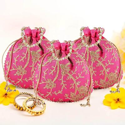 Packung mit 3 Potli-Beuteln für Damen und Mädchen | Damen Shagun-Beutel für festliche Jahreszeiten | Bestickte Batwa-Tasche Brautgeldbörse - Rosa