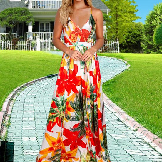 Women Dress Colorful Breathable Flower Printed Adjustable Straps Beach Dress for Party