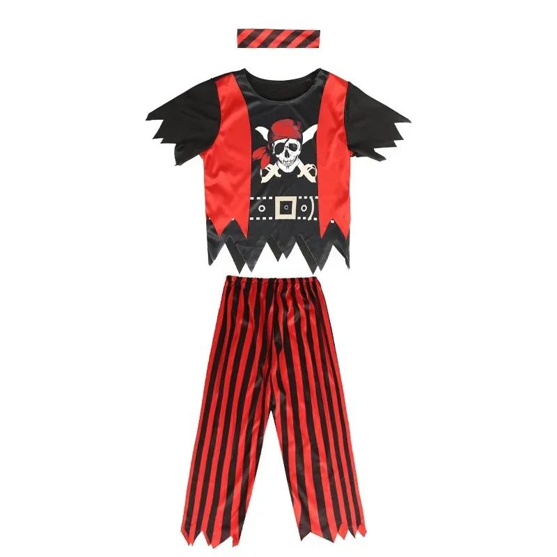 Costume d'habillage Pirate Crâne pour Enfants Ensemble Haut Rayé Imprimé Pantalon Anime Dessin Animé Capitaine Jack Halloween Cosplay Jouets Pirates Cadeau S(3-4Y)