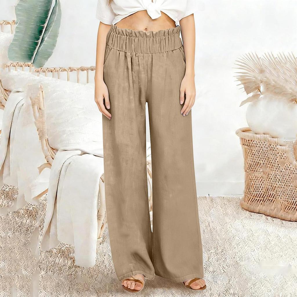 Pantalon Palazzo Large Décontracté en Lin pour Femmes Taille Élastique Polyvalent Business Casual Travail Pantalons Palazzo Avec Poches