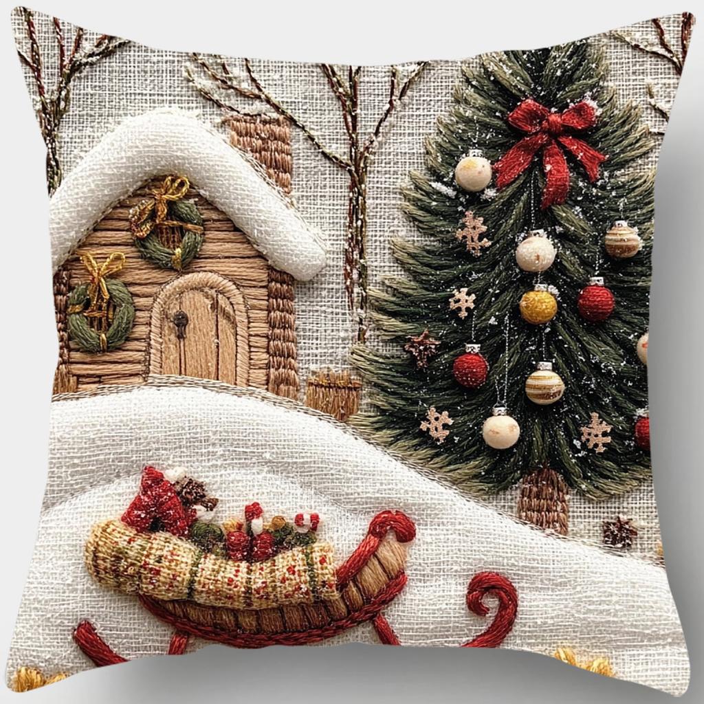 Christmas Pillowcase, Cute Cartoon Imitation Embroidery Linen Print Sofa Pillow Cover, Festival Decoration, Festival Gift (Pillow Insert Not Included)