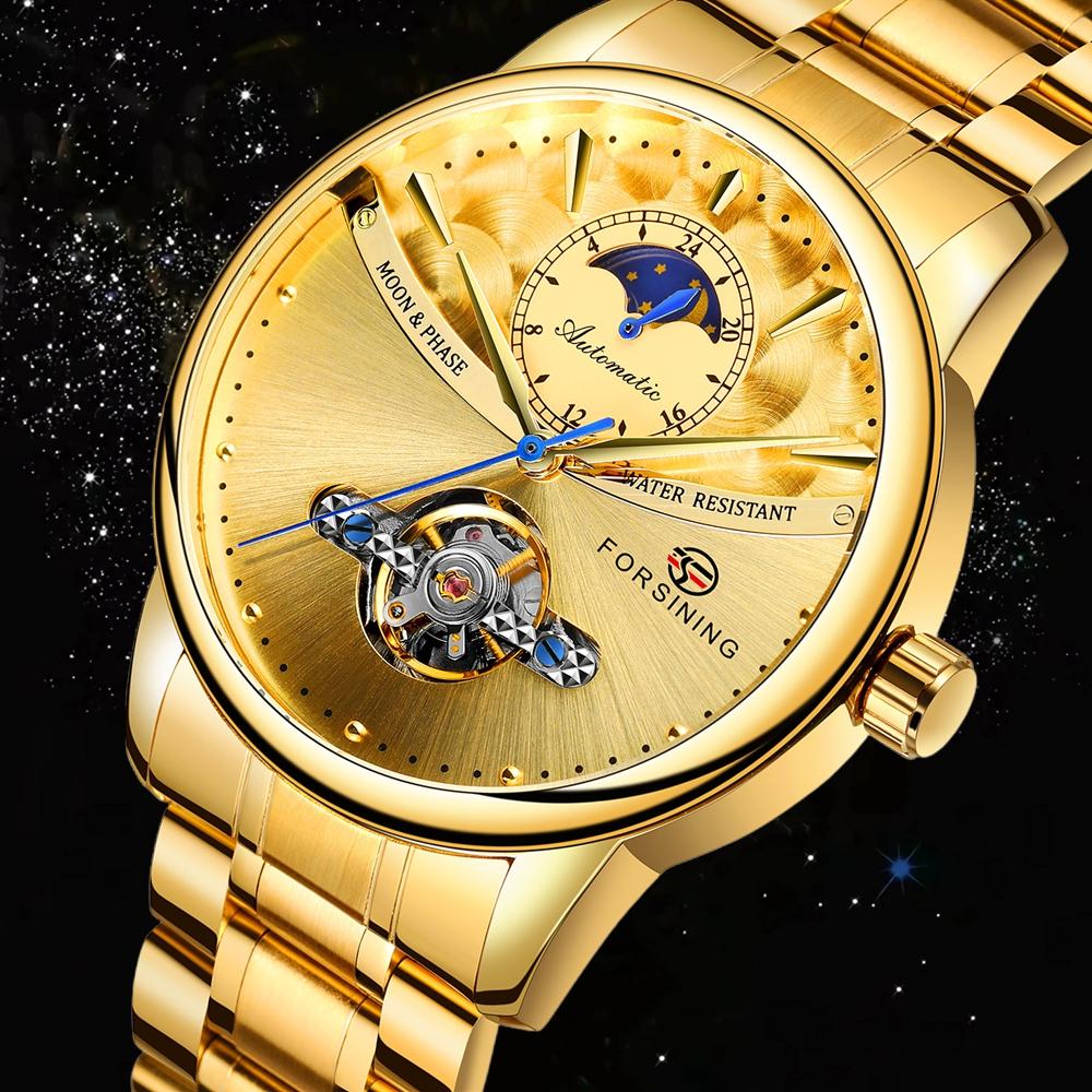 FORSINING Men's Moon Phase Tourbillon Watch Luxury Self-wind Mechanical Automatic Waterproof Retro Watches Stainless Steel Band Wristwatch