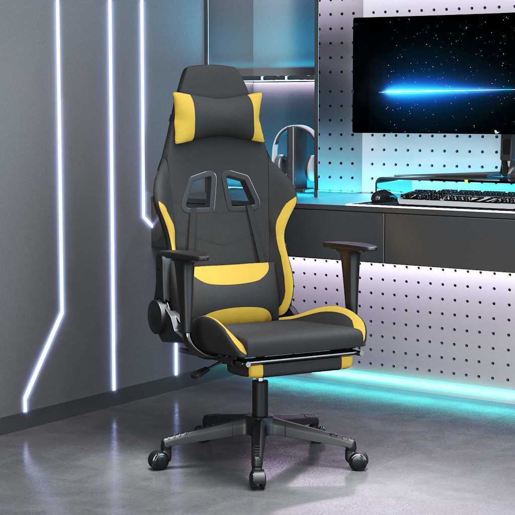 Gaming Chair with Massage Function and Footrest Black and Yellow Fabric
