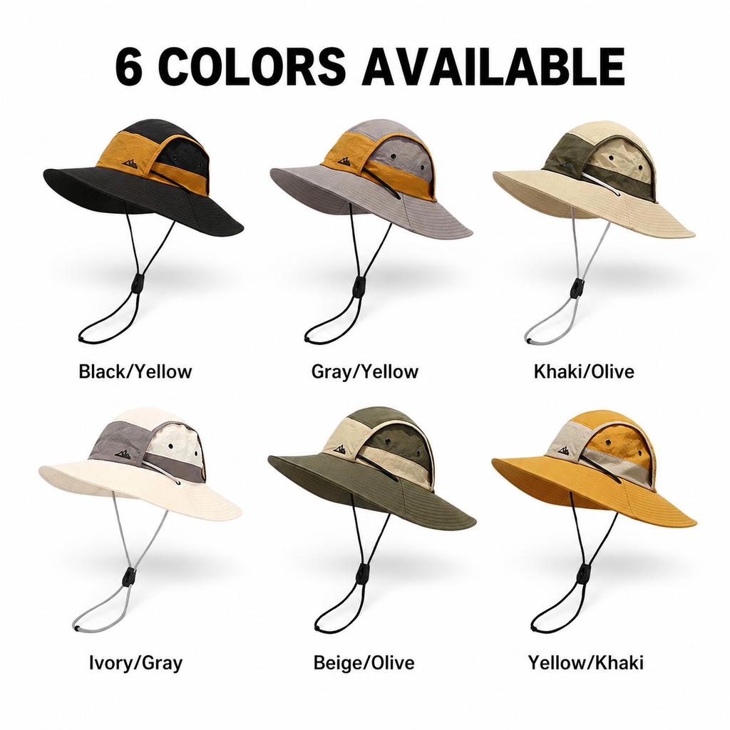 Outdoor Wide Brim Sun Hat For Women Men Summer Quick Dry Breathable Bucket Hat Hiking Fishing Cap Color-Block Adjustable Strap