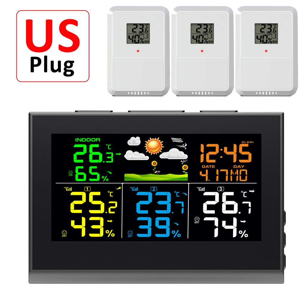 Digital Color Weather Station Clock with 3 Wireless Outdoor Sensor Indoor/Outdoor Temperature Humidity Monitor Weather Forecast