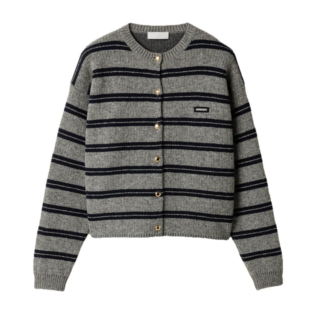 11 Autumn and Winter New Letter Logo Sticker Striped Round Neck Single-breasted Long-sleeved Knitted Cardigan Women