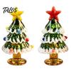 Small Christmas Gift for Home Handmade Glass Mini Tree Figurine, Blown Tabletop Ornament with Festive Holiday Decoration Star Topper, Desktop