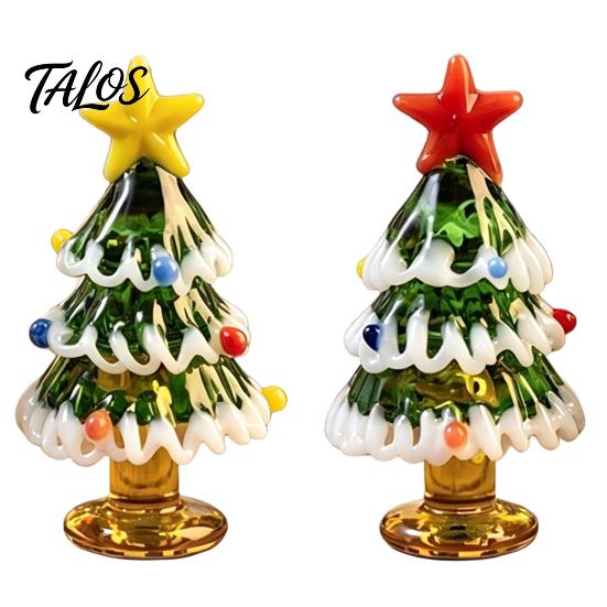 Small Christmas Gift for Home Handmade Glass Mini Tree Figurine, Blown Tabletop Ornament with Festive Holiday Decoration Star Topper, Desktop
