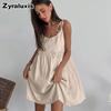 Brown Cotton Linen Dress Women Summer New Style Vacation Loose Halter A-Line Dress
