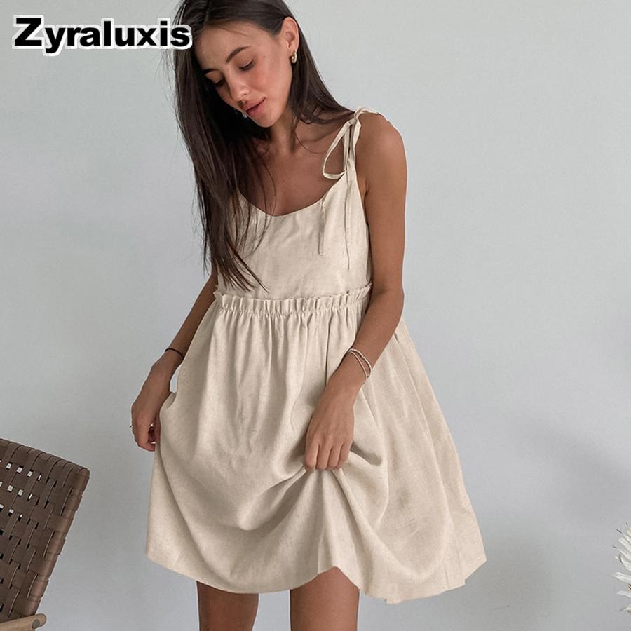 Brown Cotton Linen Dress Women Summer New Style Vacation Loose Halter A-Line Dress