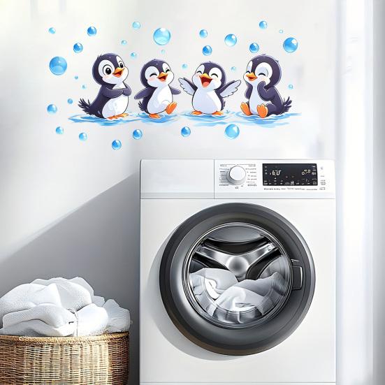 Pinguin Wandaufkleber, Niedliche 4 Glückliche Pinguine Bade-Deko, Selbstklebende Abnehmbare Wandsticker für Badezimmer, Kinderzimmer & Duschwandkunst
