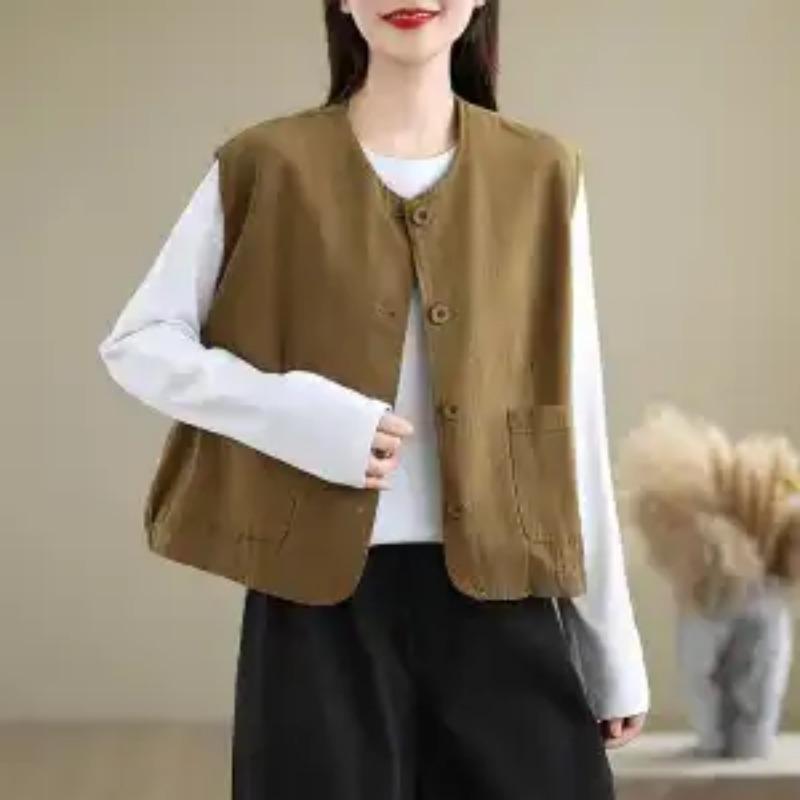 Spring Women s Brown Linen Vest Sleeveless Button Down Waistcoat M