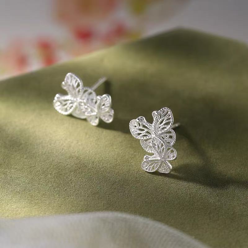 Real 925 Silver Lace Hollow Butterfly Stud Earrings For Women Cute Fine Jewelry Small Niche Advanced Accessories